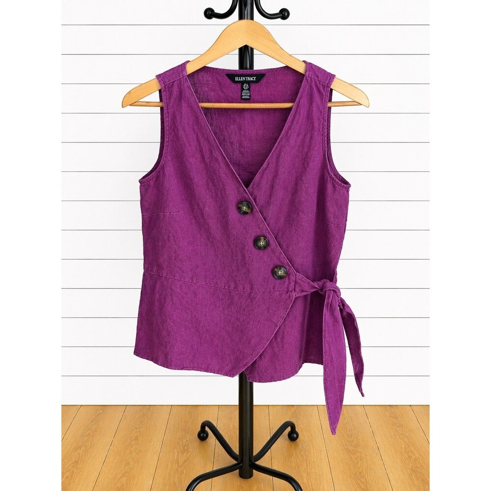 Ellen Tracy Linen Purple Sleeveless Button Down Peplum Blouse Small